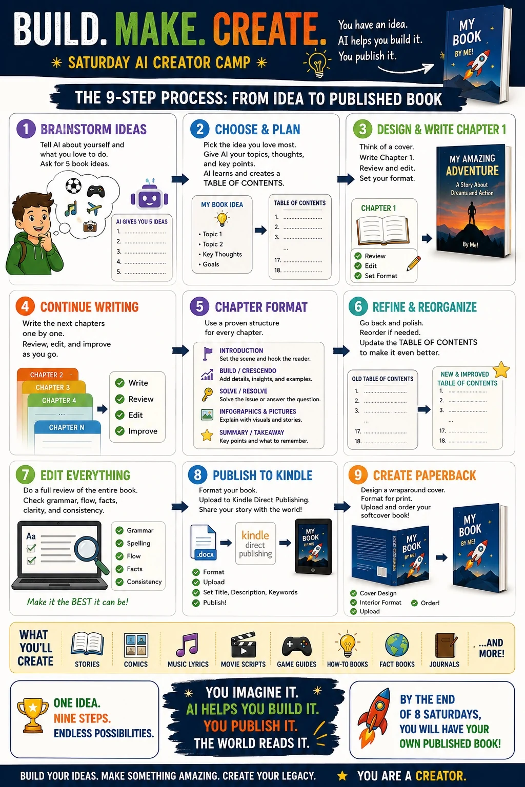 Nine-step process showing how a child goes from brainstorming to Kindle and paperback publishing