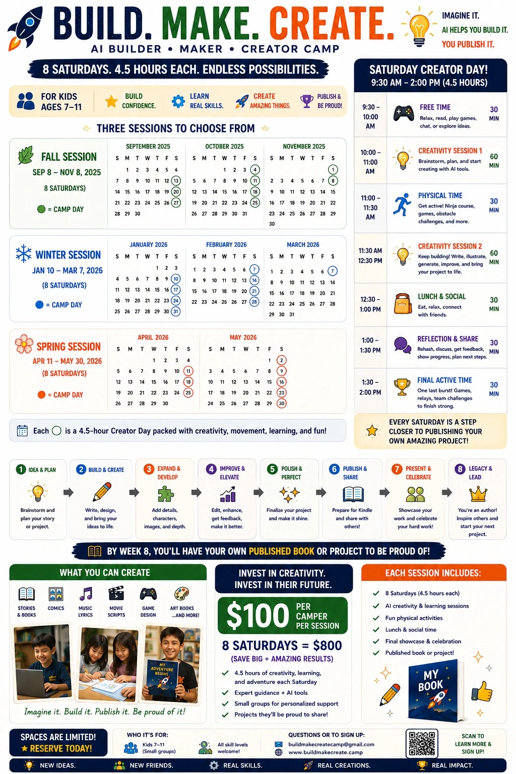 Fall, winter, and spring session calendars with daily schedule, pricing, and program details